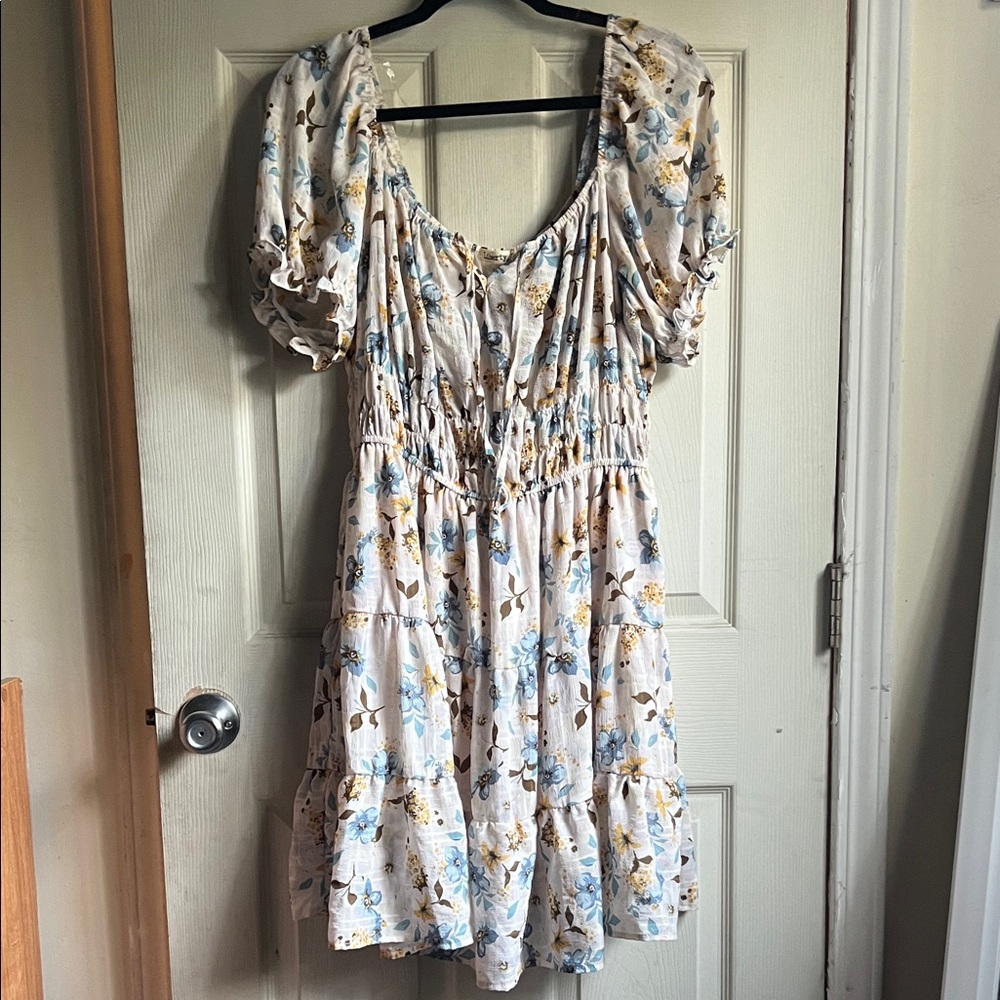 Liberty Love Cream Mini Dress with Blue and Tan Floral Print